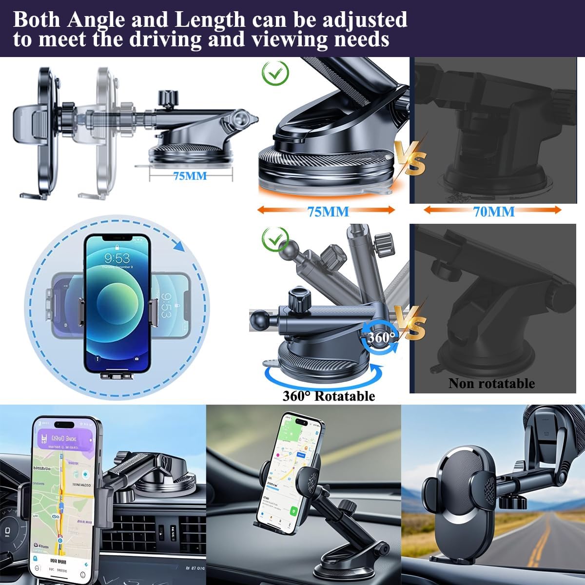Cell Phone Holder for Car Mount Dashboard Windshield Air Vent Scalable Long Arm Fit All Phone with Thick Case,Black,2 Pack