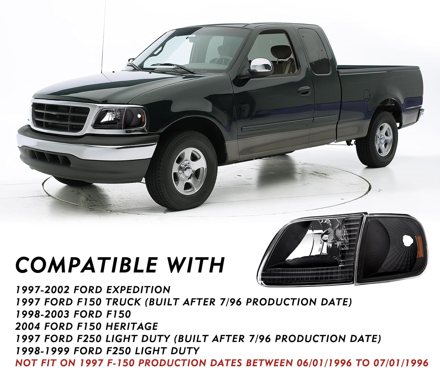 Headlight Assembly Compatible with 97-03 Ford F150 / 04 Ford F150 Heritage / 97-02 Ford Expedition / 97-99 Ford F250 w/Corner Lights 4pcs, Black Housing with Amber Reflector