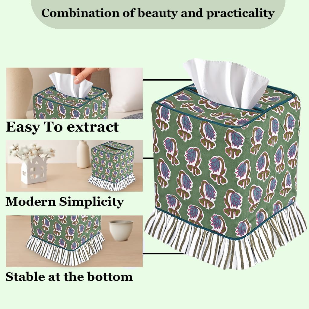 Ridhi Basil Green Block Print Ruffle Tissue Box Cover Handmade Cotton Decorative Square Napkin Holder for Home Bedroom Living Room Bathroom Vanity Countertop Car Office Kitchen