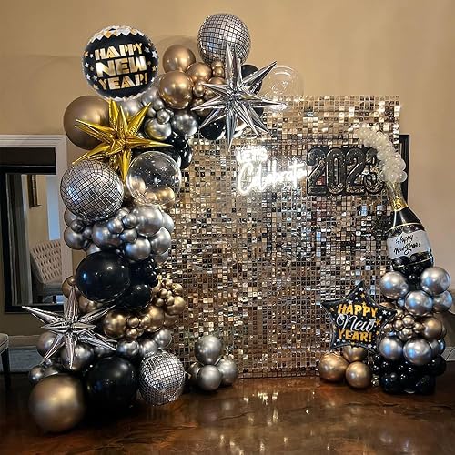 Miniatura 4 de Kit de guirnalda de arco de globos negros y dorados y plateados, decoración de fiesta de Año Nuevo, botella de champán Starburst para decoración de