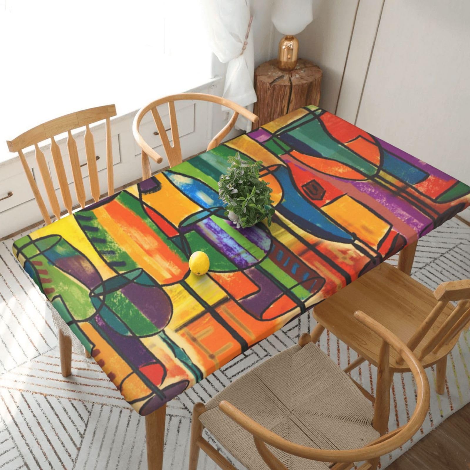 DCEHGEW Elastic Fitted Rectangle Tablecloth for 5ft Tables, Wine Bottle Art Printed Oilproof & Washable Fabric Picnic Table Cloth Table Covers