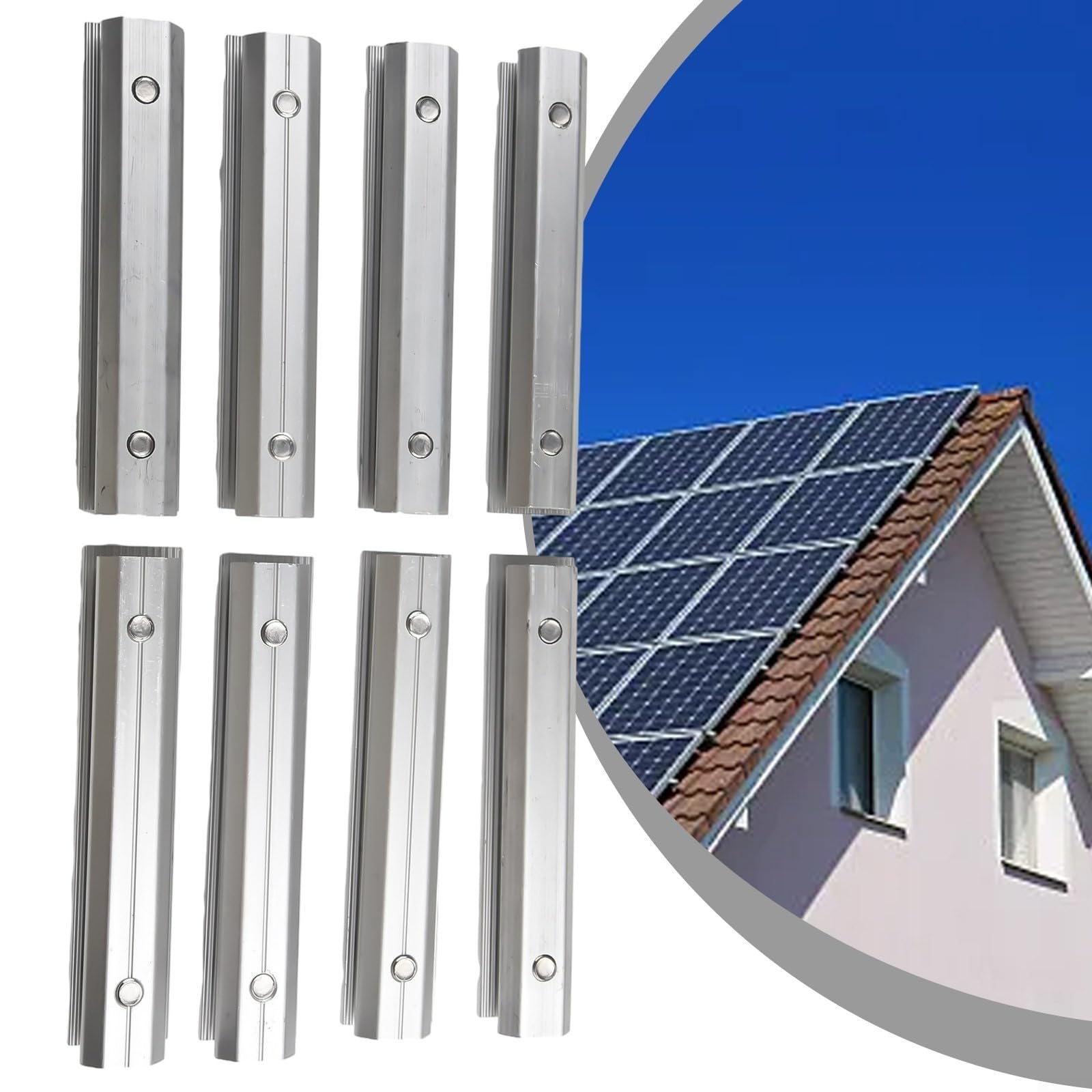 Aluminiowe uchwyty montażowe do paneli słonecznych, zestaw 8 sztuk, do modułów fotowoltaicznych, instrukcja montażu, złącze do łączenia szynowego, 14 cm