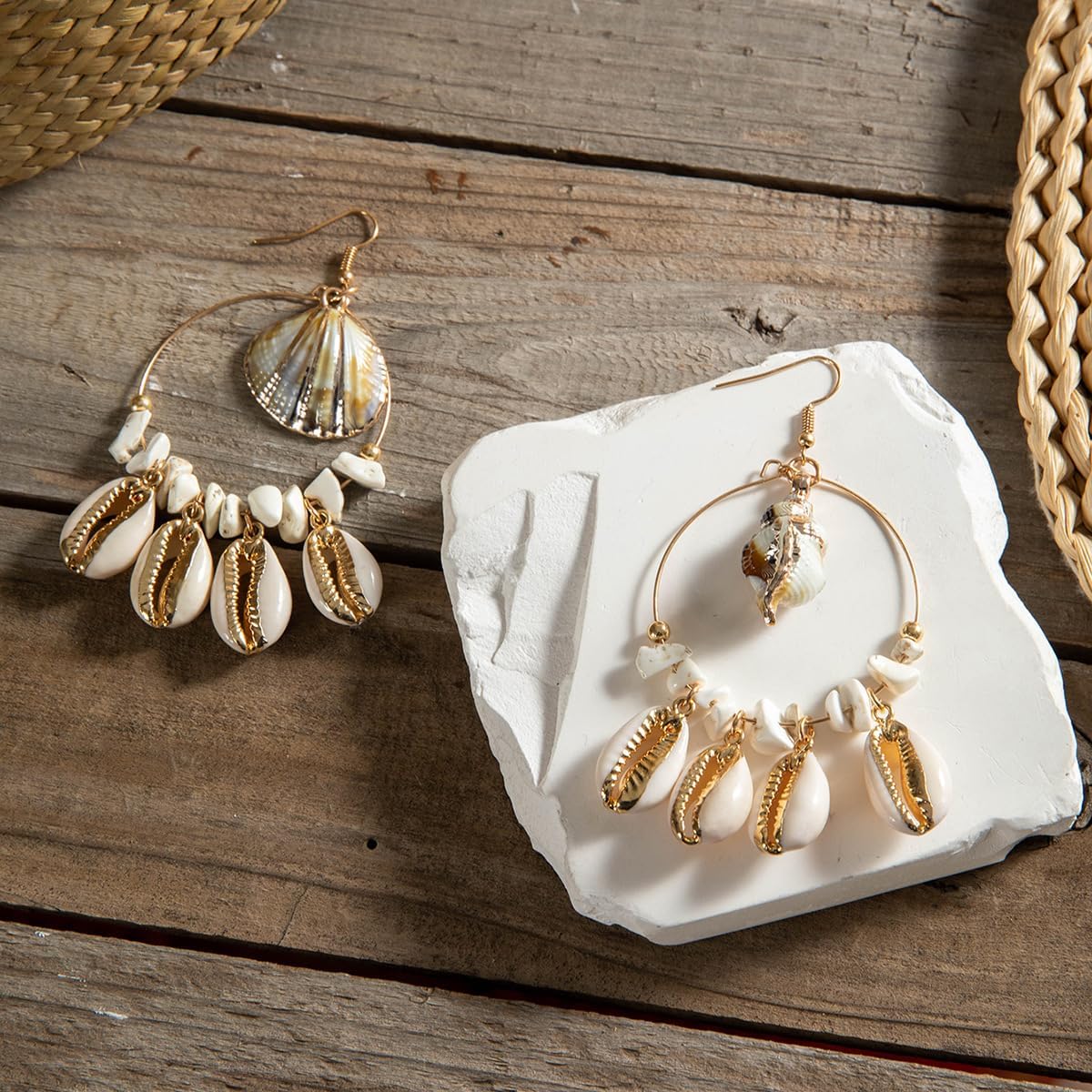 Gold Shell Dangle Drop Earrings, Beach Jewelry for Women, Ocean Seashell Earrings with Natural Shells & Coastal Design - Image 5