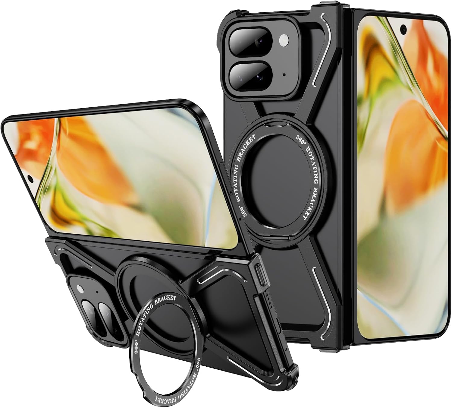 Magnetic Frameless Case for Google Pixel 9 Pro Fold 8 2024, 360 Rotatable Kickstand Slim Metal Armor Protective Cover - Black