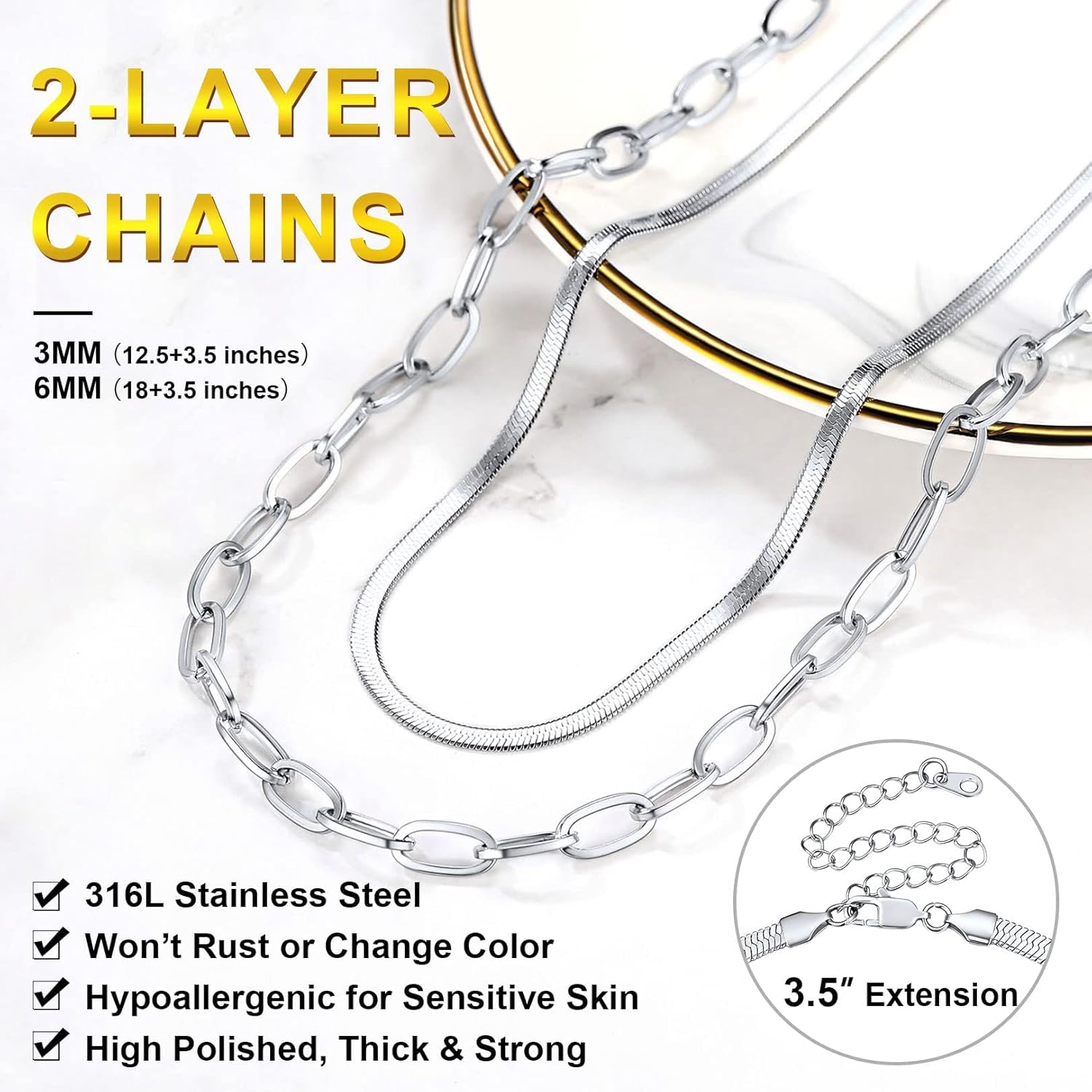 FOCALOOK 14K Gold Plated Necklaces for Women, Fashion Herringbone Choker Necklace Stainless Steel Flat Snake Chain 3/5MM(W) 12.5"/15"/18"+3.5"(L) - Image 4