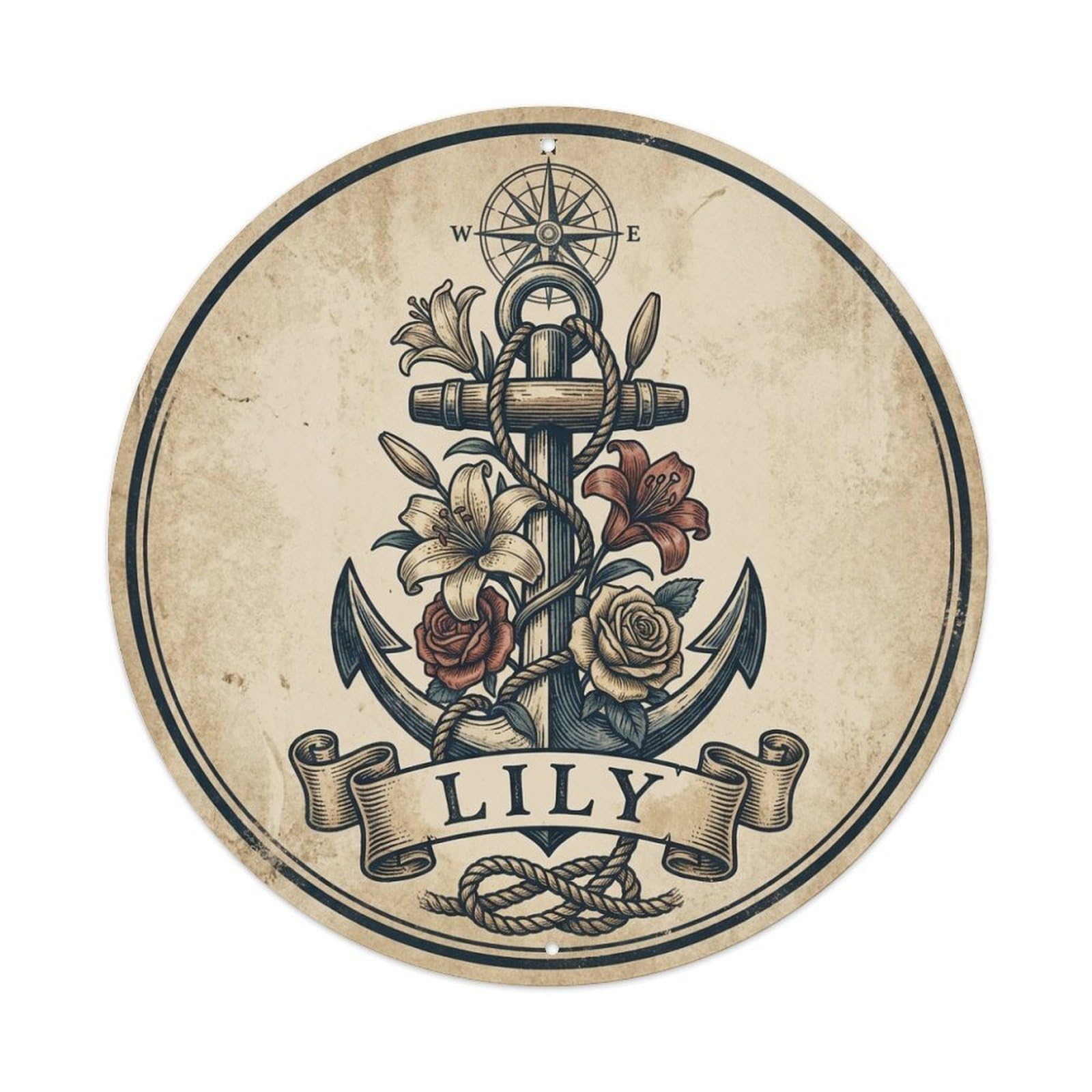 Lily Roses Anchor Maritime Emblem Seafaring Metal Tin Sign