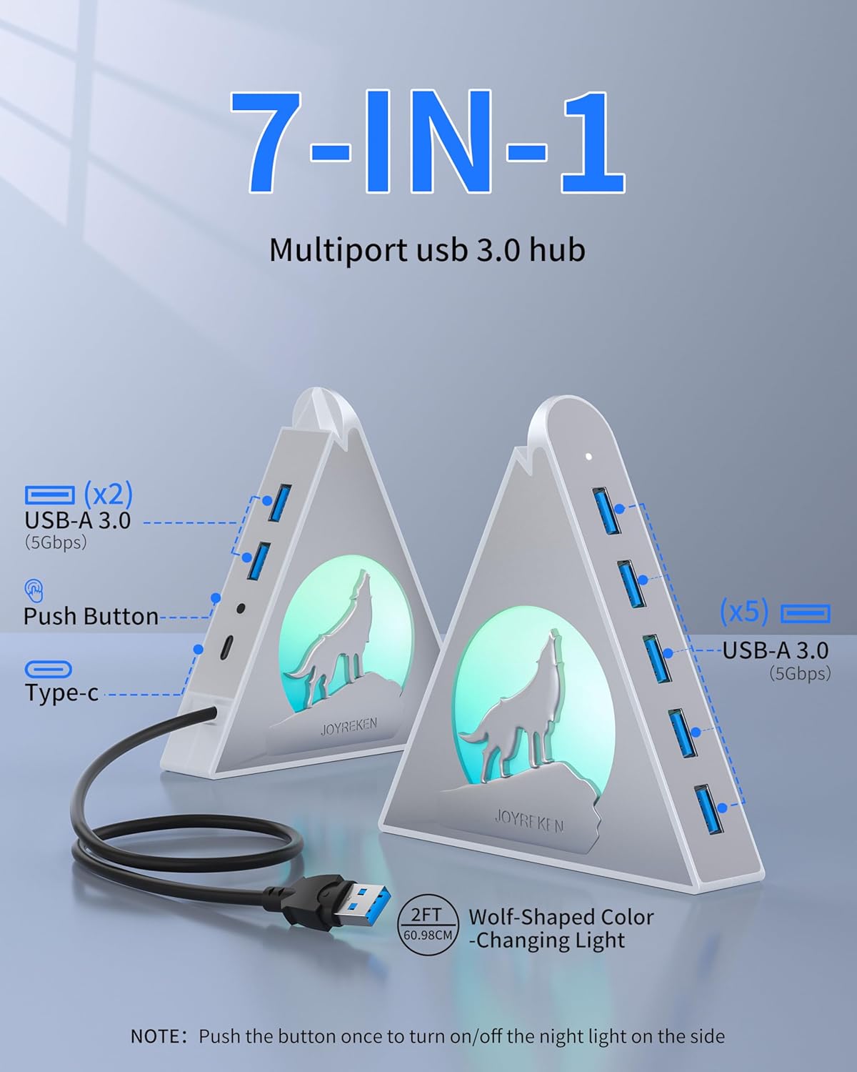 7 Port USB Hub, JoyReken USB 3.0 Hub with 2 FT Long Cable, Vertical USB Extension Hub for Laptop, MacBook,Xbox,PS4/5, Flash Drive, XPS, PC, Flash Drive, Game Console, Printer, Keyborad, Mouse (Silver)