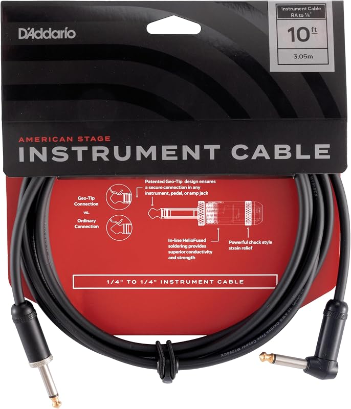 Guitar Cable - Guitar Lead - Geo Tip for Secure Connection - 10 Feet/3.05 Meters - Straight End/Right Angle - 1 Pack