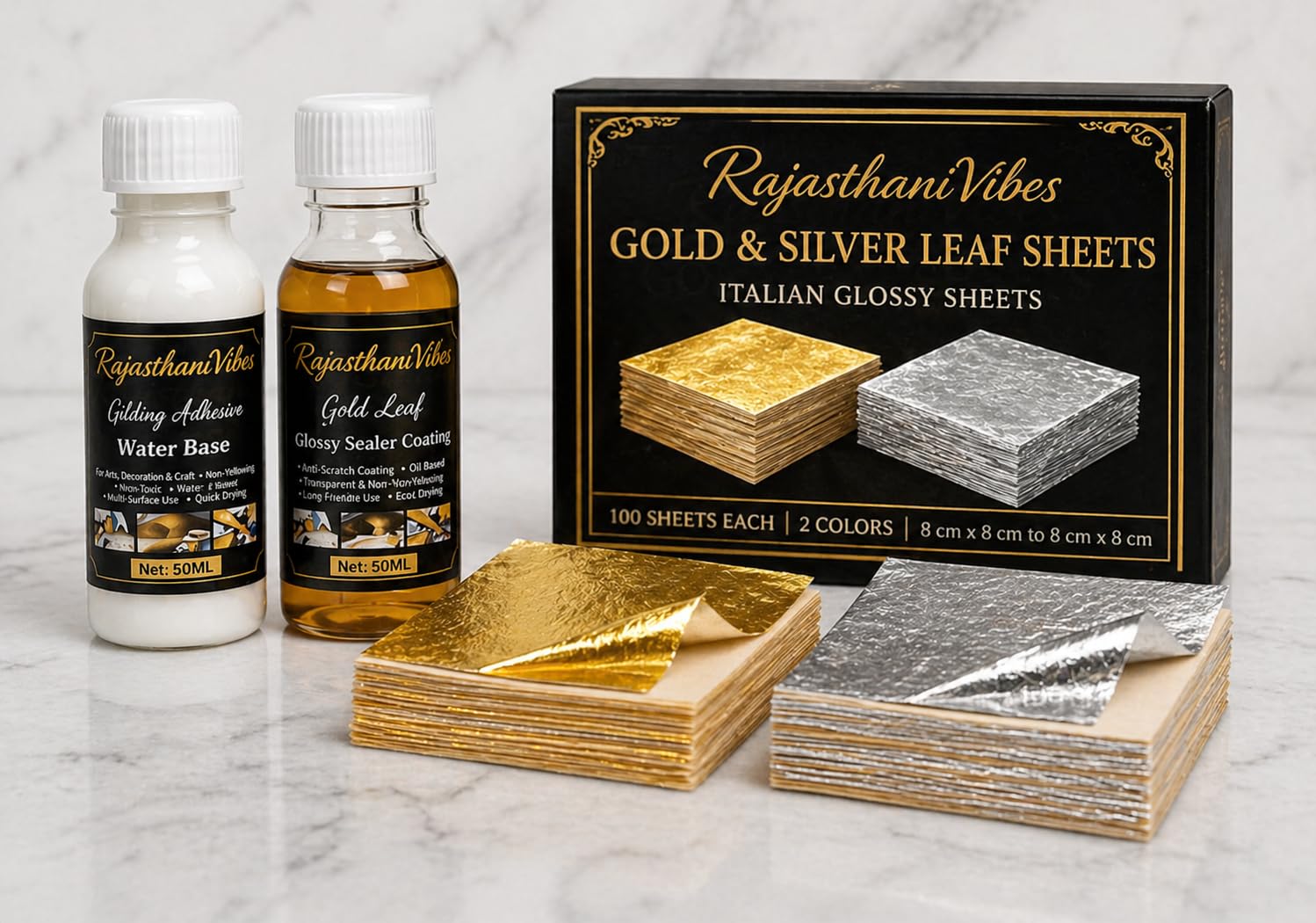 Rajisthani Vibes Gold, Silver, Leaf 100 Sheet Kit with Gilding Adhesive 50ml & Sealer 50ml for Art and Decoration-image-29