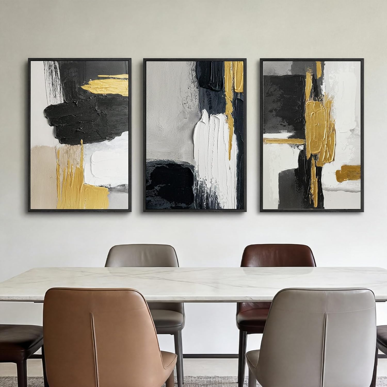 Extra Large Abstract Hand Applied Raised Paint Texture Canvas Wall Art Set of 3, Black White Gold Triptych Artwork Solid Wood Frame 24x36", Modern Oversized Luxury Living Room Office Bedroom Decor