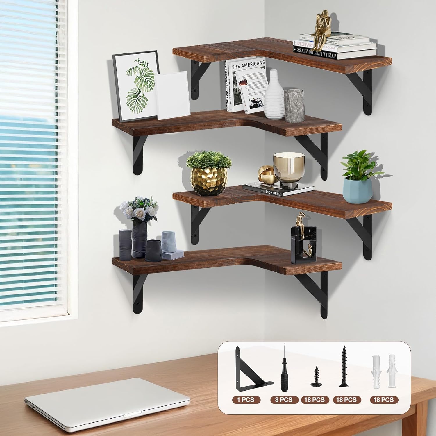 Corner Floating Shelves Set of 4,L-Shaped Wall Mounted Shelf,Rustic Wood Corner Shelvesfor Wall Storage and Decor,Wall Mounted Wood Shelves for Kitchen Living Room Bedroom,Dark Brown
