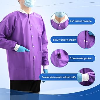 JMU 10-100 Pack Disposable Lab Jackets, SMS Disposable Medical Jackets for Adult, Knit Cuffs Collar, 3 Pockets