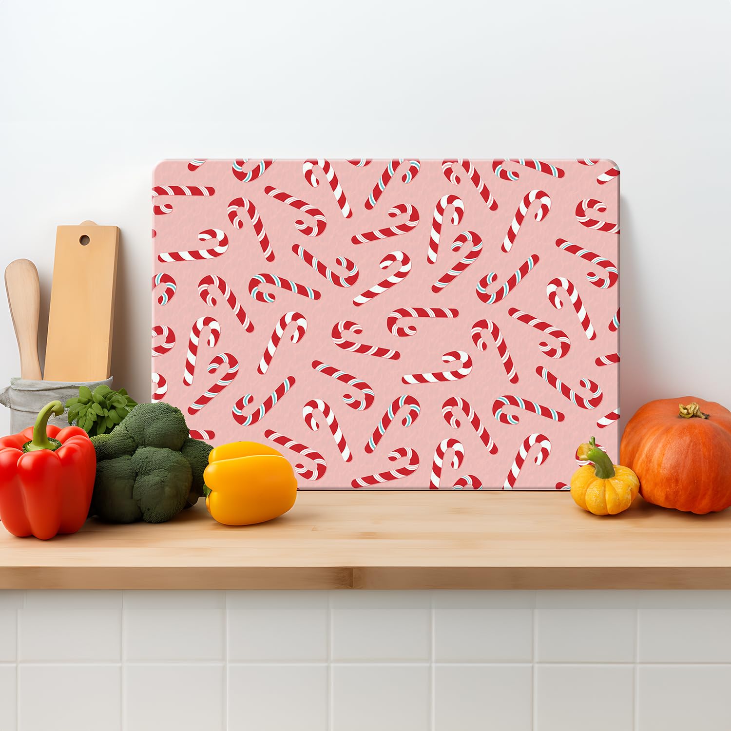 Festive Candy Canes Textured Glass Chopping Board Worktop Saver for Kitchens – Durable, Easy-Clean, Scratch Resistant, Hygienic, Non Slip Feet, Available in Two Sizes Large 39cm x 29cm
