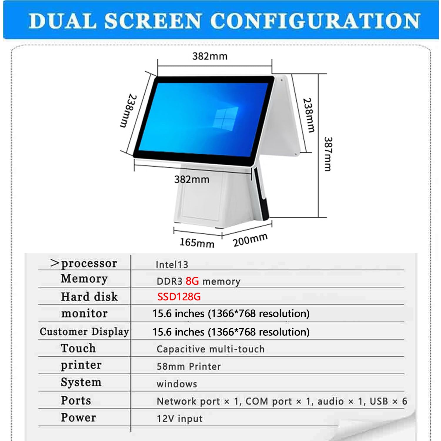 Qiang Caisse Enregistreuse Intelligente Tout-en-Un,POS Cash Register,éCran Tactile 15,6",8G Ram,128G Ssd,Windows,Imprimante intégrée,Prend en Charge 30 Langues,for Retail and Restaurant Dualscreen