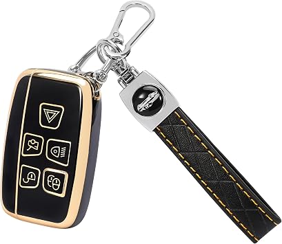 TOMALL Fit for Land Rover Key Fob Cover with Keychain, 5 Buttons Soft TPU Key Fob Protector Compatible with Land Rover LR4 Range Rover Sport Evoque Velar Jaguar XF XE XJ XJL F-pace, Black