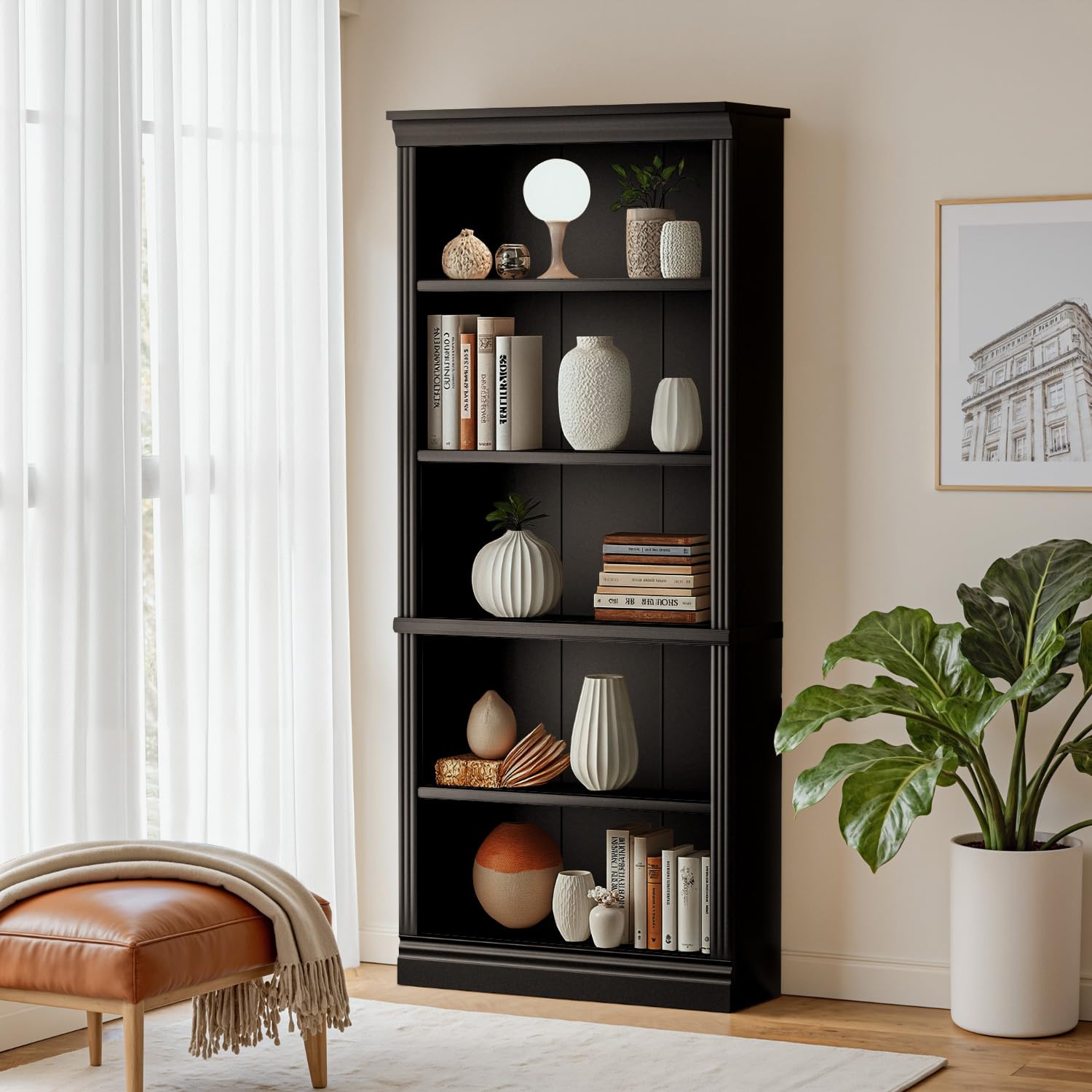 Furniwell Bookcase Bookshelves, 5-Shelf Tall Bookcase 71" Wood Open Display Floor Bookshelf, Large Storage Organizer for Library, Bedroom, Living Room (Black)