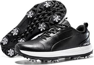TECDOTO Mens Golf Shoes with Spiked,Large Size Casual Waterproof Golf Sneakers Outdoor Casual Sport Shoes, Black-9.5UK