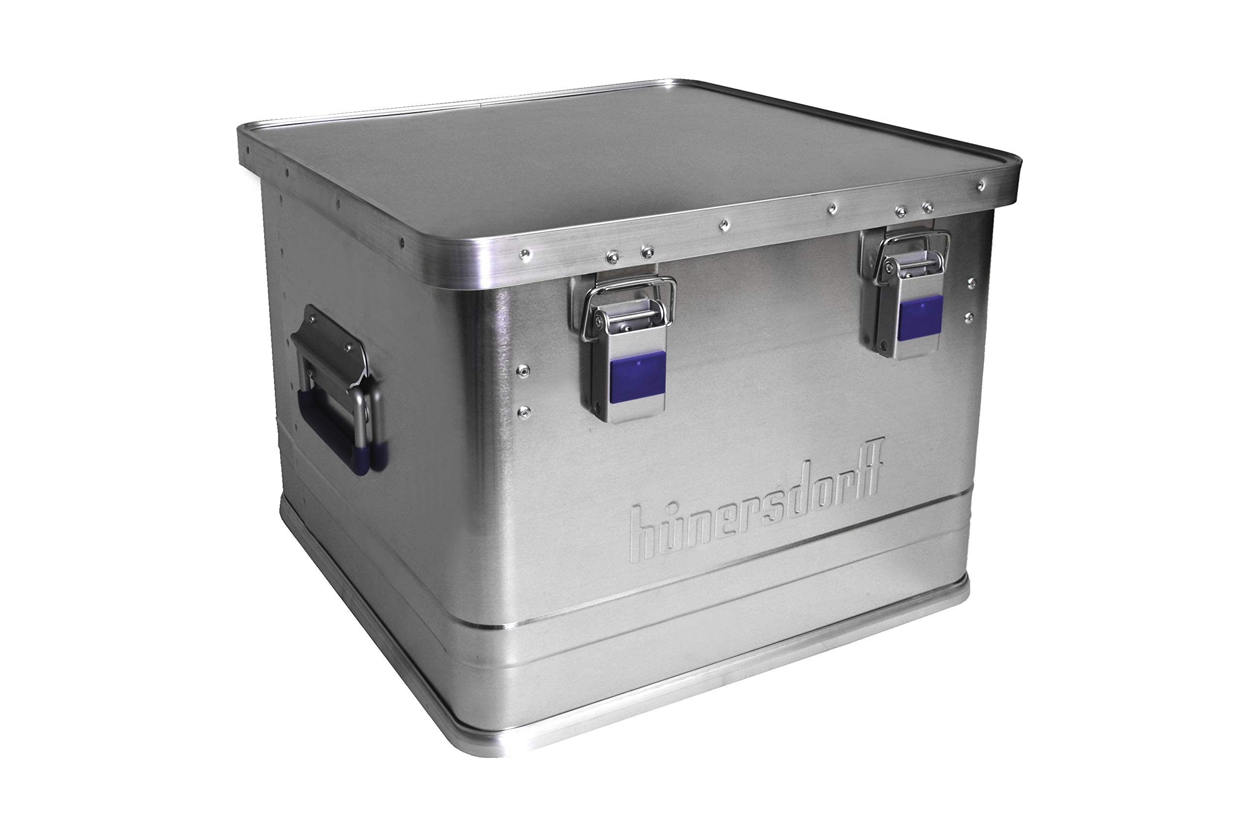 hünersdorff Aluminium-Box Office 50 Liter, spritzwassergeschütz mit Gummi-Dichtung, leicht, stabil, Klapphandgriffe, Vorbereitung für Schlösser, Farbe: silber