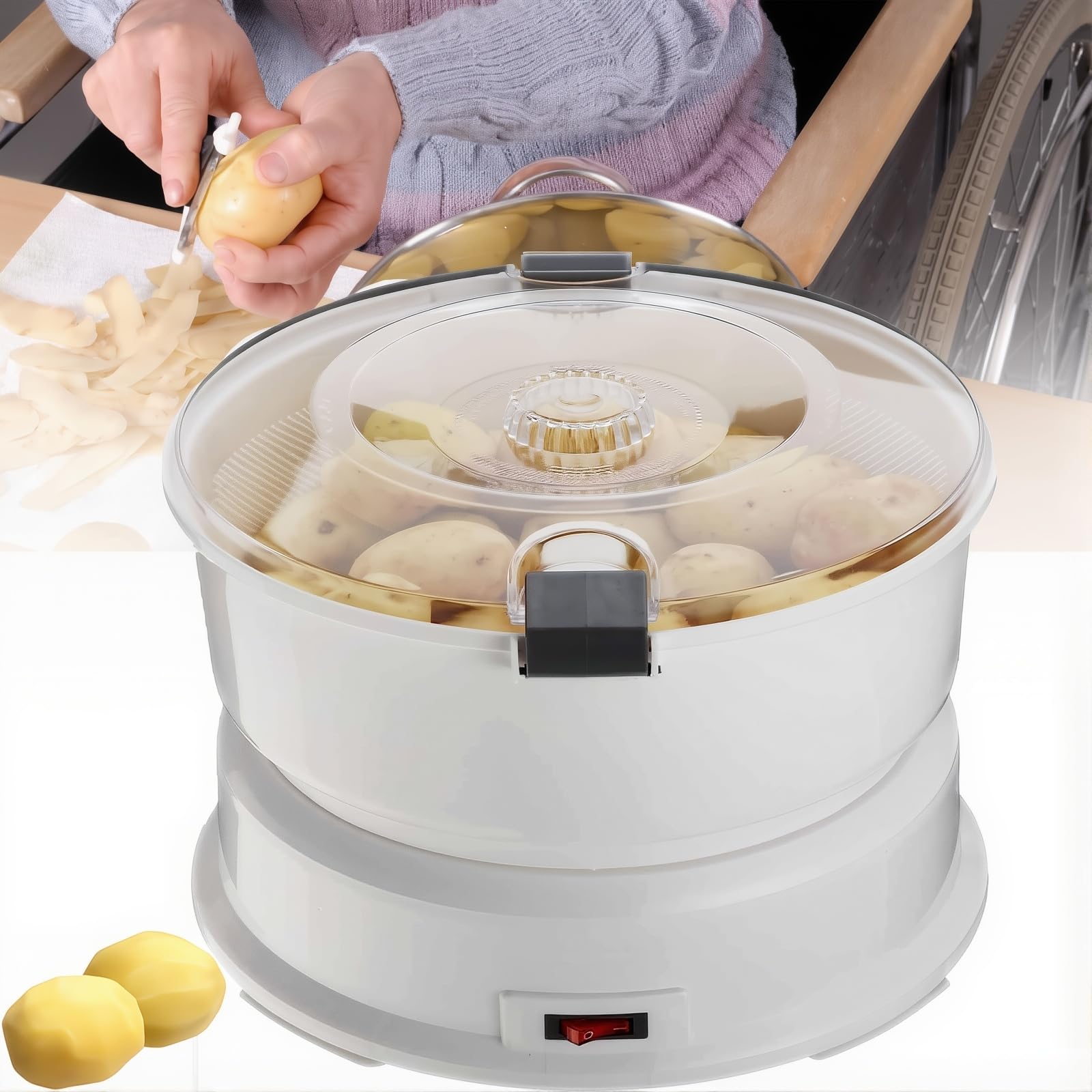 Elektryczna Obieraczka Do Ziemniaków, Automatyczna Obieraczka Do Warzyw O Pojemności 1 Kg, Szybkie Obieranie W 1 Minutę, Obrotowa Blokada Bezpieczeństwa Elektryczne Krajalnice Do Domowej Kuchni