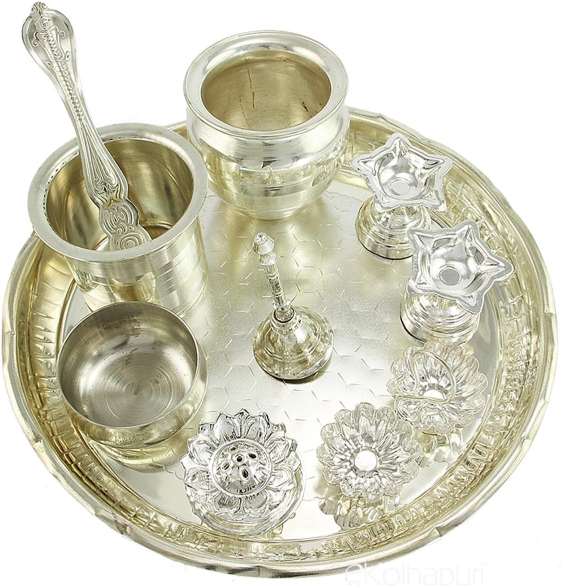 eKolhapuri Metal 1 Pooja Thali, 1 Bells, 1 Agardaan, 2 Diyas, 1 Haldi KumKum Set, 1 Panchamrut Set, 2 Katoris (Silver)