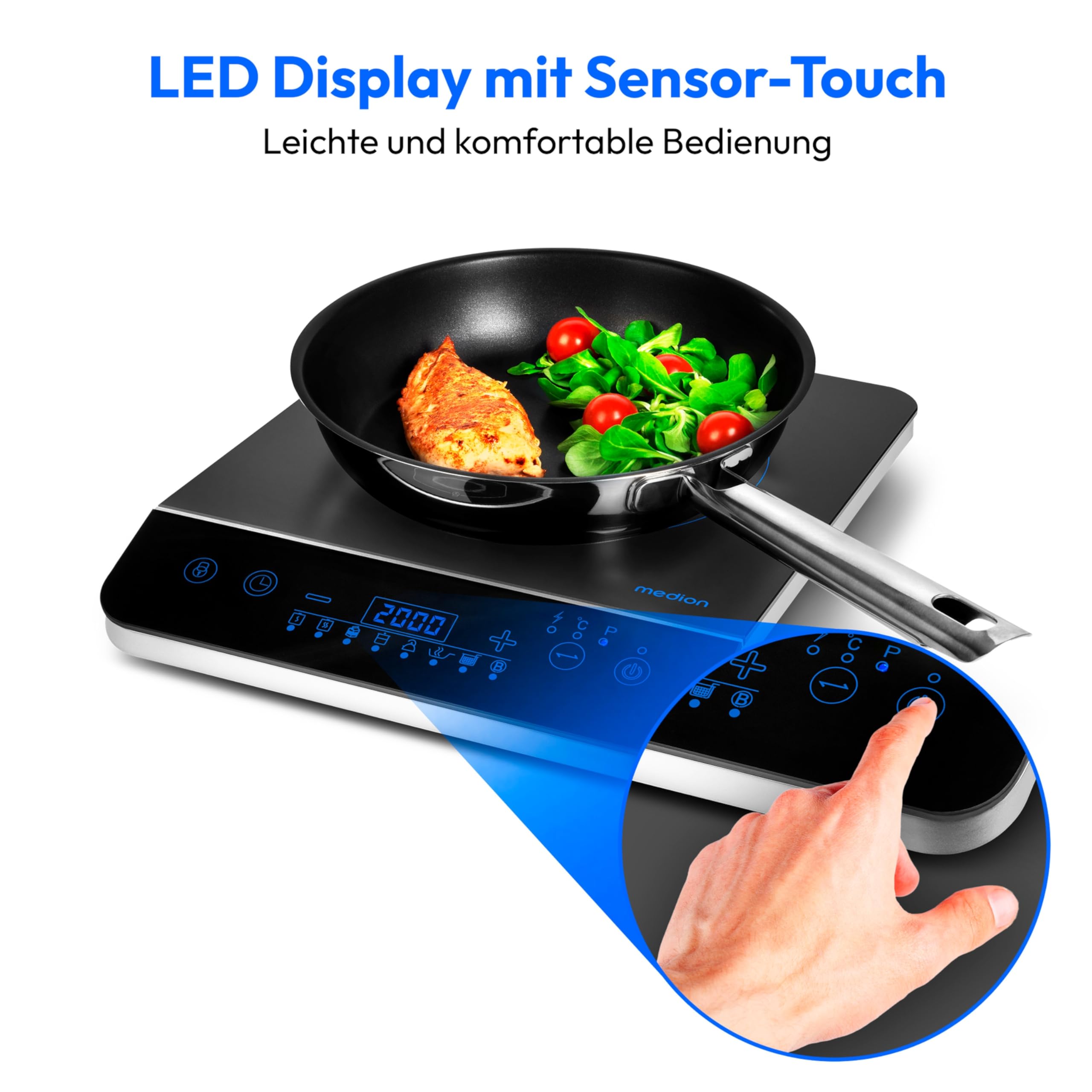 MEDION Induktionskochplatte 2000 Watt 60-240°C 8 Automatikprogramme 10 Leistungsstufen LED Display schwarz