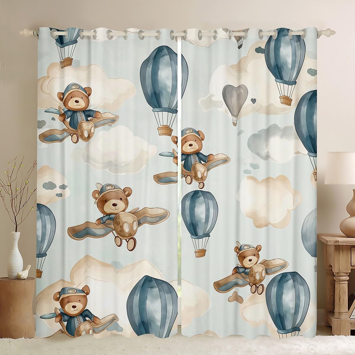 Cartoon Bear Aircraft Window Curtains Watercolor Tie Dye Clouds Cute Airplane Window Drapes for Kids Boys Girls Teens Blue Hot Air Balloon Graffiti Curtains for Living Room 2 Panels 38Wx45L