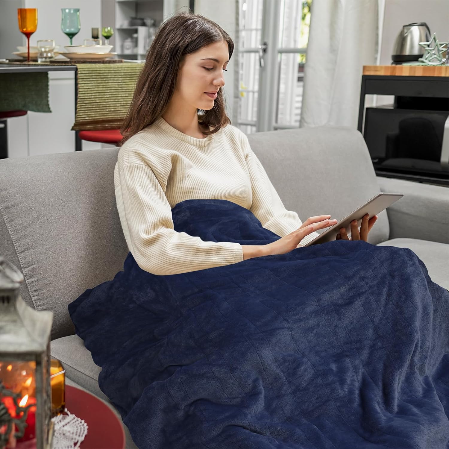 Plug-in Heated Throw Blanket, Soft Flannel Electric Throw Heating Blanket with 4 Hours Auto Off, 3 Heat Levels Settings, Machine Washable, 60x45 Inches (Dark Blue)