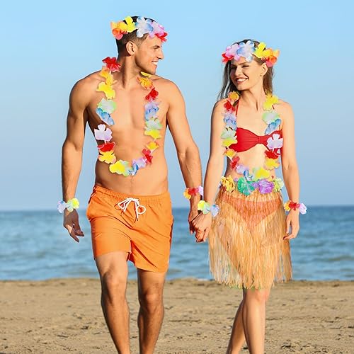 Miniatura 7 de Paquete de 5 faldas hawaianas de hierba hula para fiesta de Hawaii Luau, falda de baile Hula con accesorio de disfraz de fiesta hawaiana Lei Hawaii