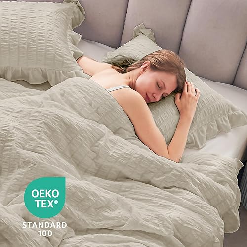 Miniatura 101 de JOLLYVOGUE - Juego de edredón tamaño queen, de 3 piezas, estilo seersucker, ligero y esponjoso para todas las estaciones, con 1 edredón con volantes