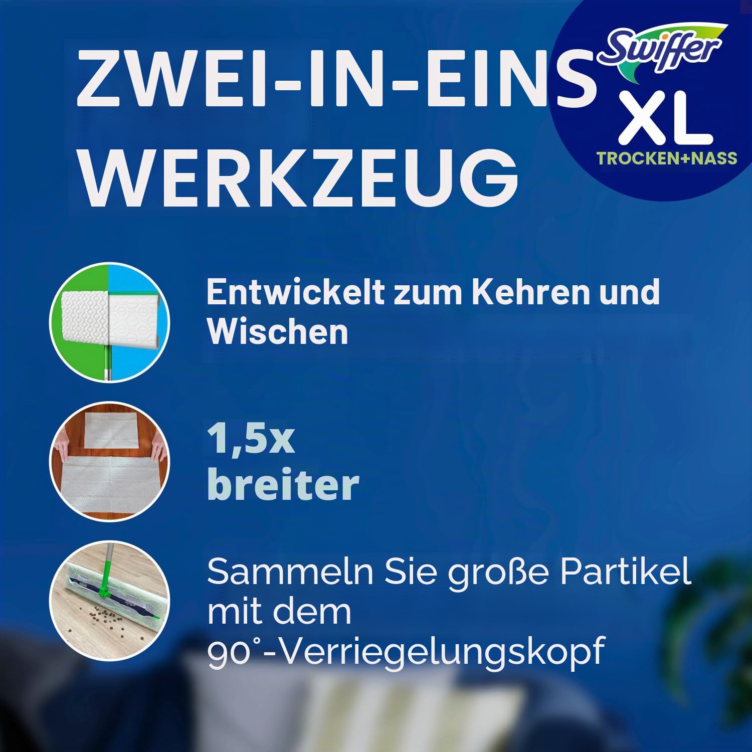 Swiffer Sweep + Mop XL, Besen & Mop Alternative, Bodenreiniger für Schmutz, Staub, Haare, Allzweck-Reinigungswerkzeug für Zuhause, Bad, Küche, Set beinhaltet 1 XL Kehrmaschine 8 XL Trockenpads 2 XL