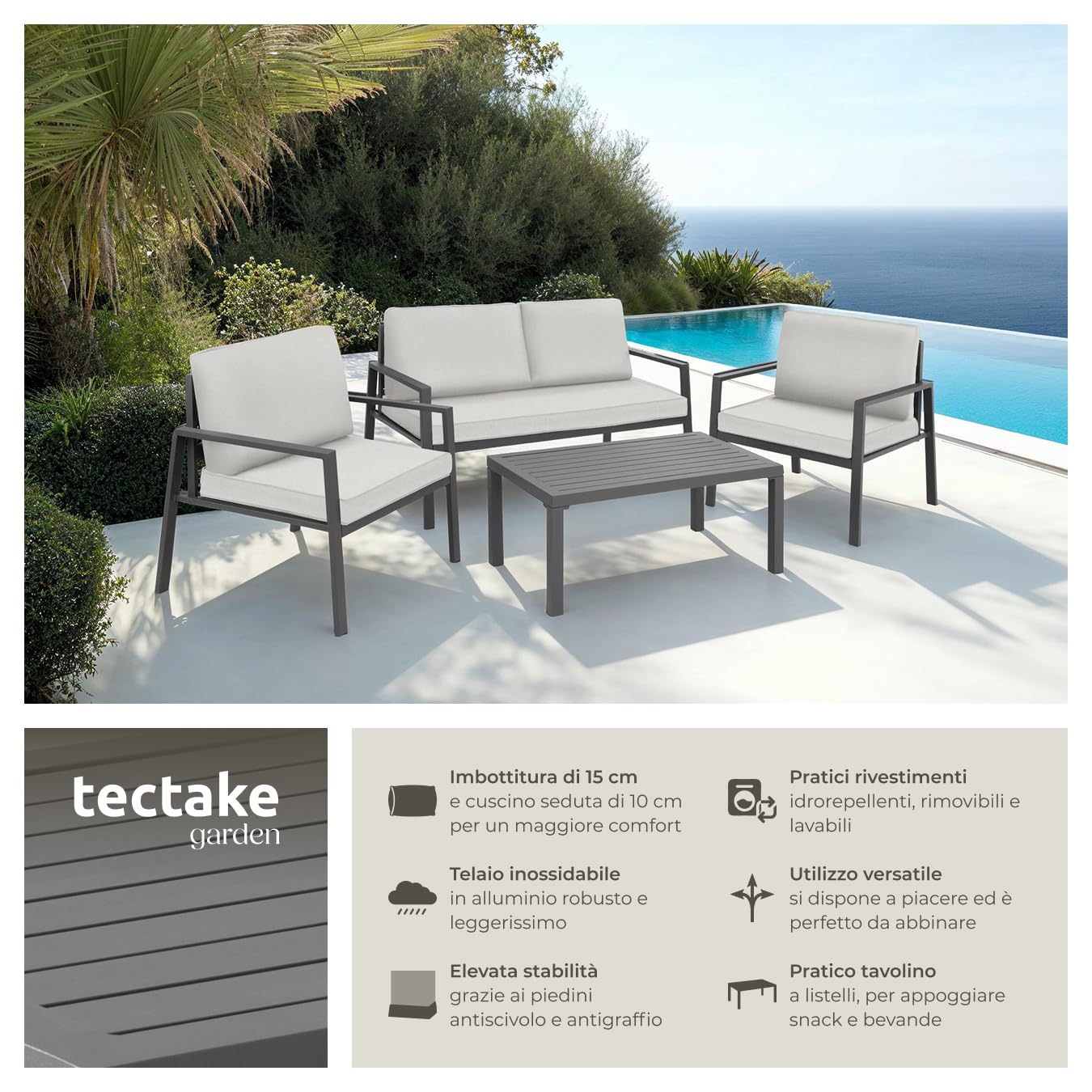tectake® Salottino da Giardino, 2 Poltrone, 1 Divano e 1 Tavolo da Giardino con Piano a Lamelle, Telaio in Alluminio, Resistente alle Intemperie, Morbidi Cuscini Idrorepellenti - Grigio Chiaro