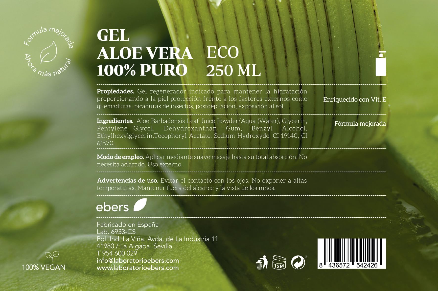 Ebers Gel d'Aloe Vera 100% Pur 250 Ml avec distributeur - Excellent hydratant pour le visage et le corps, après-soleil, épilation et brûlures.