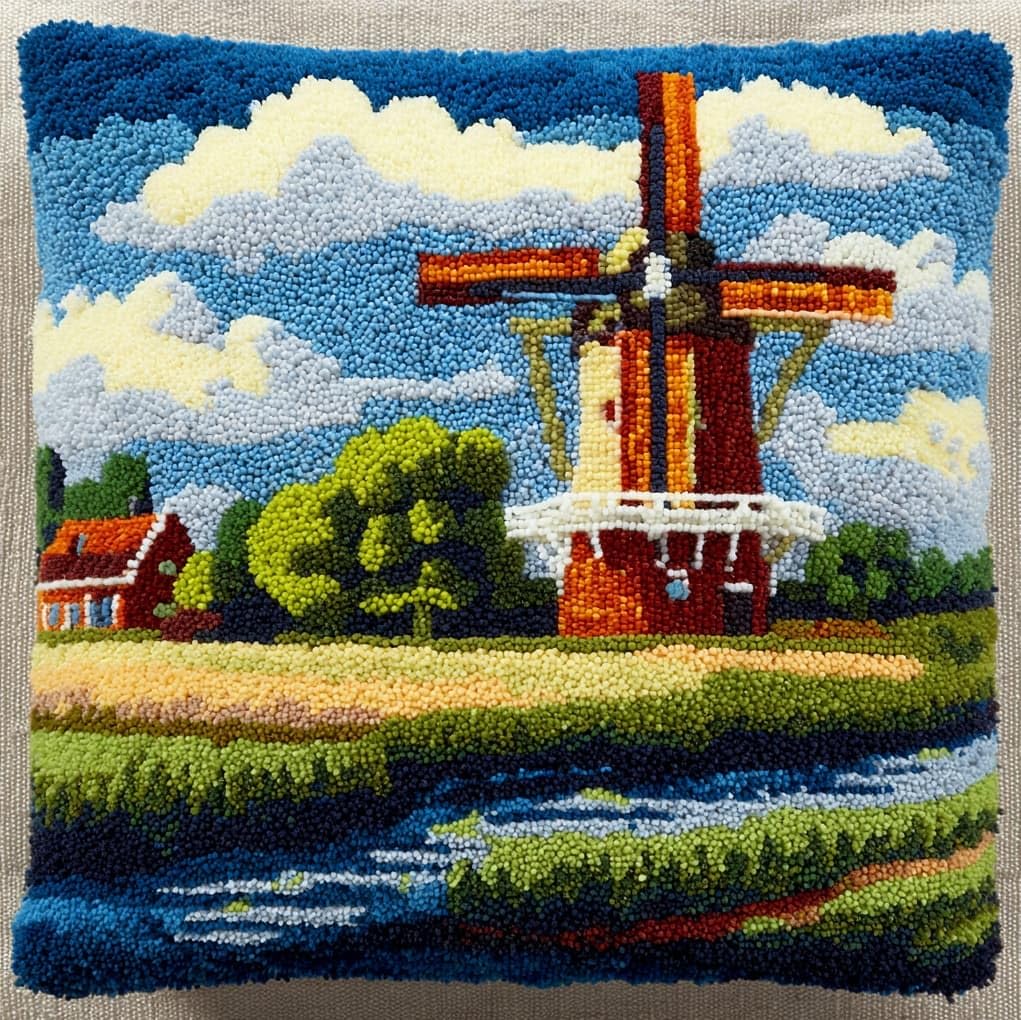 WallustrioaW Latch Hook Kit for Cushion Making,Windmills in the Village