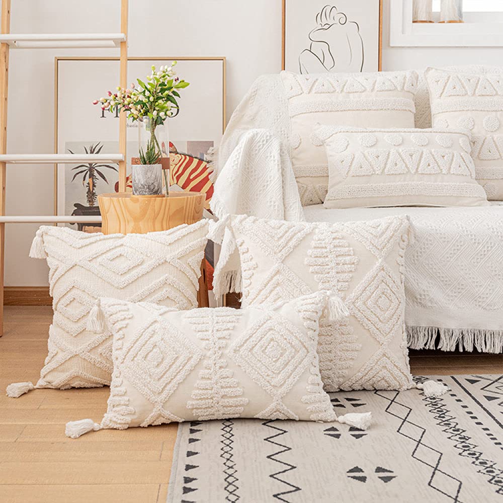 Boho Kissen, Vintage Beige Tufted Diamond Grid Jacquard Quasten Baumwolle Dekorative Kissenbezüge Marokkanisch Nordic 45X45Cm Dekokissen Bezüge Für Sofa Schlafzimmer Wohnzimmer,45X45Cm,6-Teiliges