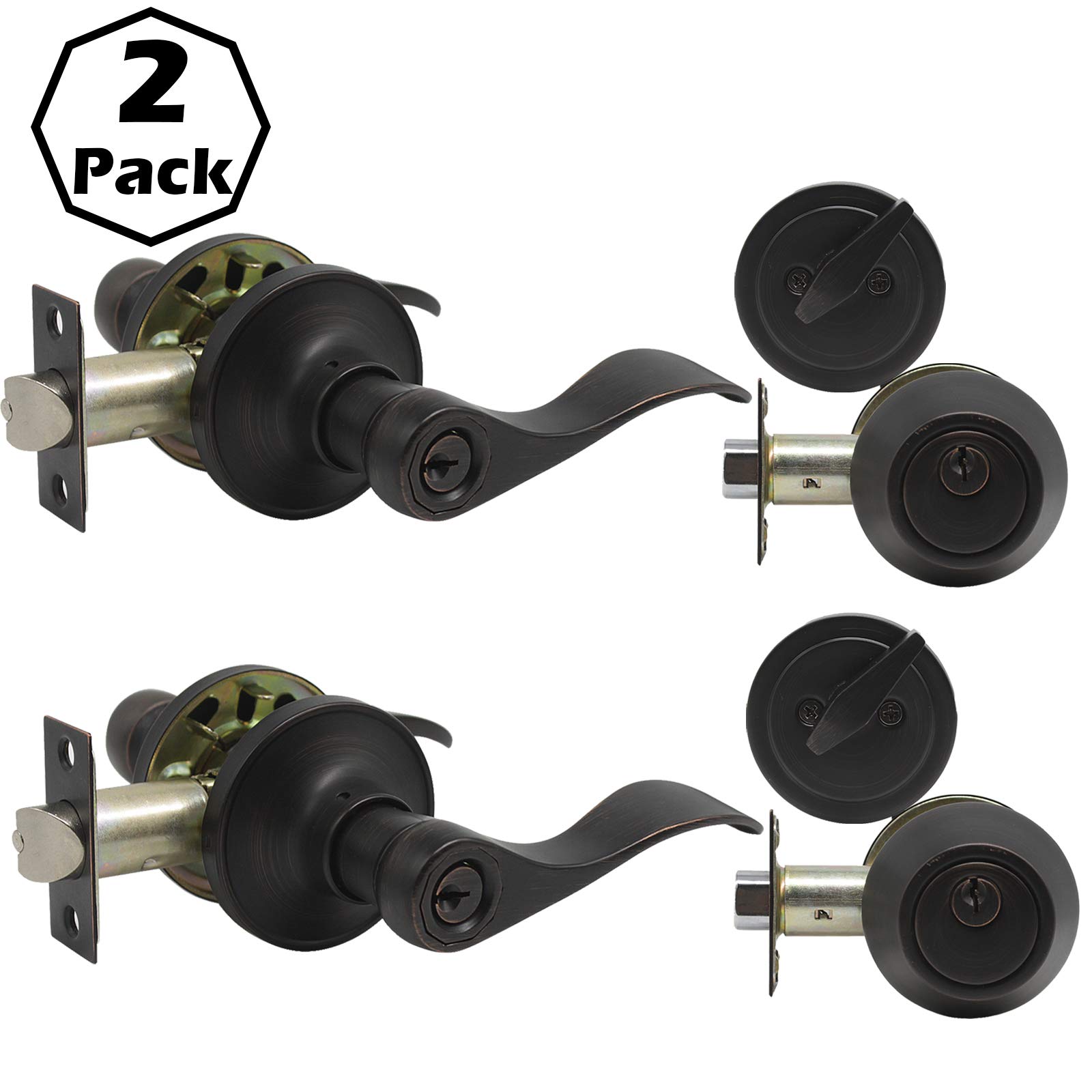 Gobrico Oil Rubbed Bronze Keyed-Alike Door Levers and Single Cylinder Deadbolts Combination Locksets, 2 Pack Front/Entry Handleset with Same Key, Reversible Wave Handles for Exterior Doors