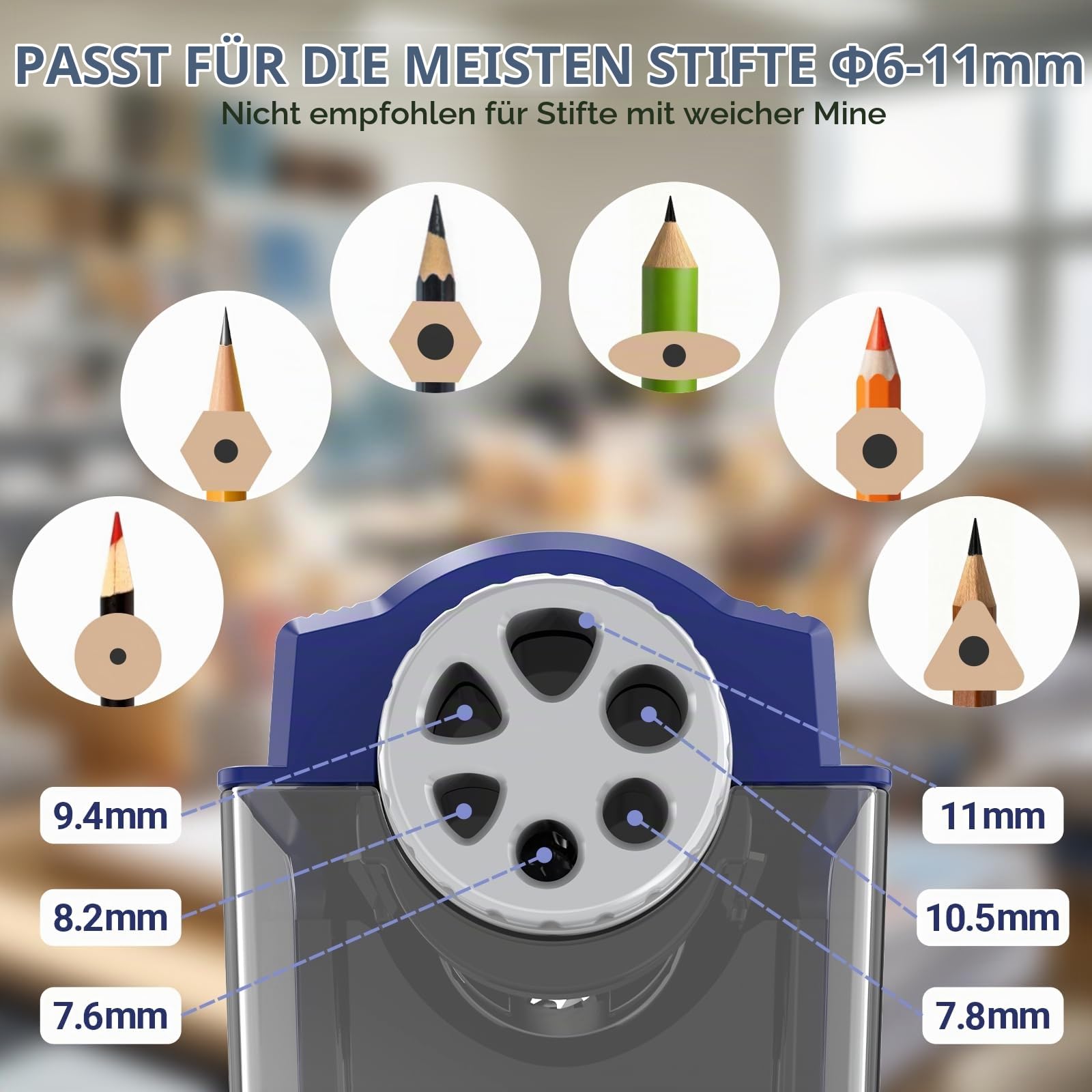 AFMAT Elektrischer Anspitzer mit Behälter, 6 Löcher Große Spitzer mit Dose für 6-11mm Dicke und Dünne Stifte, Wiederaufladbar Robust Autostopp Bleistiftspitzer für Büro Schule Künstler,Blau PSD4