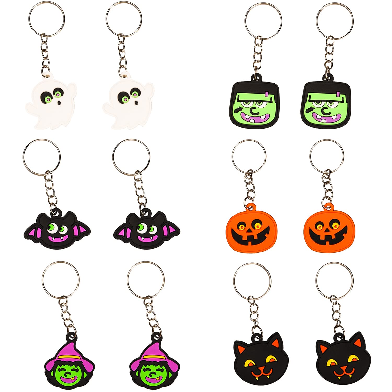 Xnhiu Multicolor 12 Pieces Halloween Keychain Ornaments Pumpkin Bat Cat Pendant Keychains Halloween Keyrings Cartoon Decorative Key Rings
