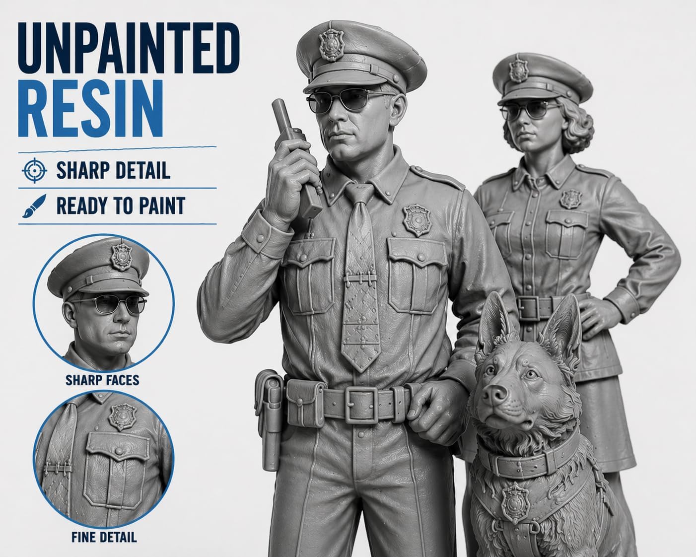 O Scale Police Figures, 42mm Resin Miniatures, 8-Piece Unpainted Gray Set for Dioramas, Railroad Layouts, Tabletop Scenery & Painting
