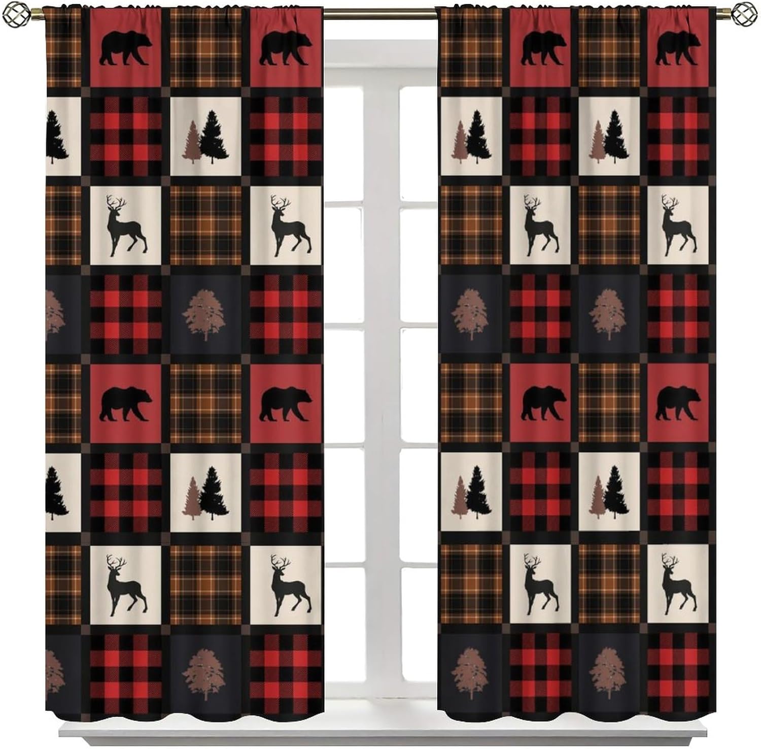 Cabin Retro Curtains Rustic Lodge Window Treatments, Bear Deer Moose Wild Animals Curtains for Living Room, Plaid Check Adventure Farmhouse Drapes 2 Panel Sets,42x63 Inch
