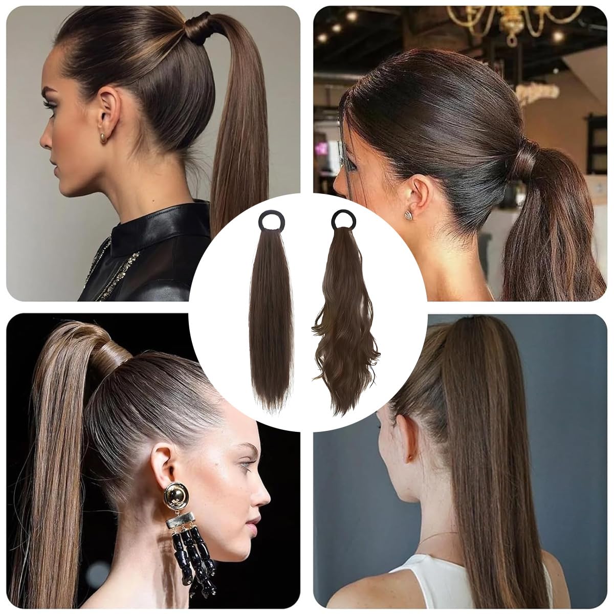 Jetstream 2 Piezas Coleta Postiza, Extensiones Pelo Rizado, Coleta Pelo Natural, Castaño Oscuro, Cabello Liso y Coleta Rizada, Adecuado para Mujeres y Niñas
