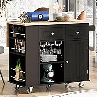 Vista 1 de NIOIIKIT Carrito de cocina con dos cajones y estantes abiertos, carrito de cocina con soportes para tazas de vino, mesa de cocina con toma
