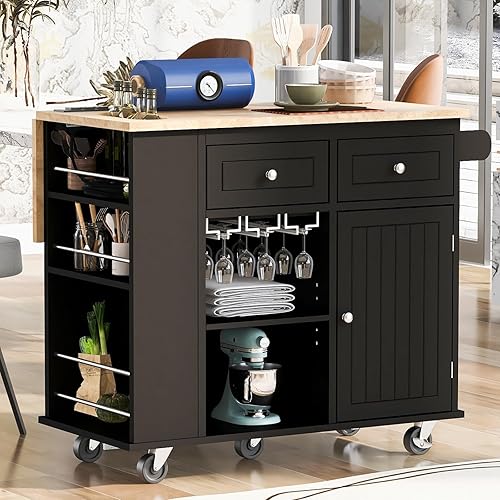 Miniatura 8 de NIOIIKIT Carrito de cocina con dos cajones y estantes abiertos, carrito de cocina con soportes para tazas de vino, mesa de cocina con toma de