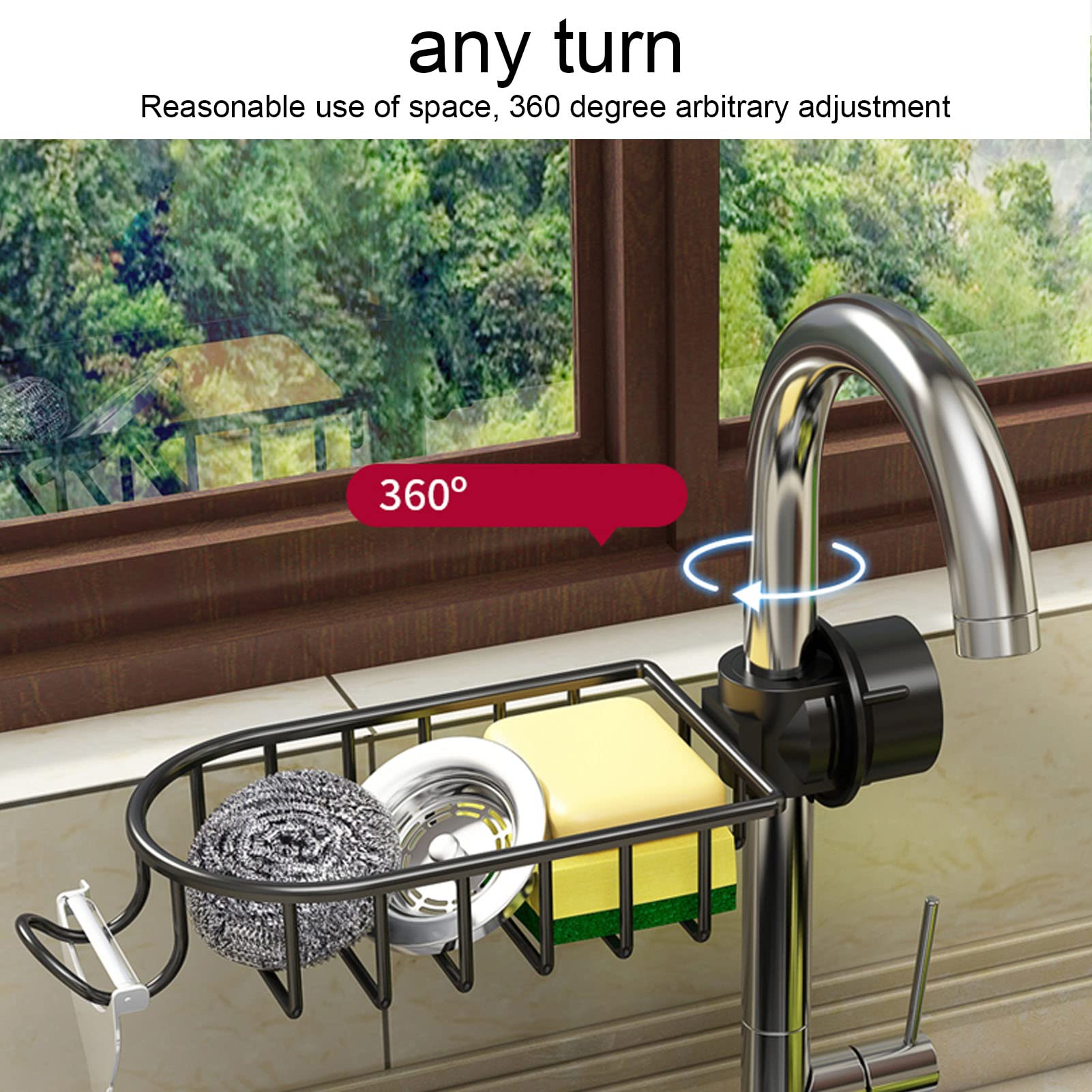 MINGZHE 7.0x4.3x1.7in Hanging Faucet Storage Rack Adjustable Sink Dishcloth Sponge Drainer Rack for Kitchen Bathroom(black)