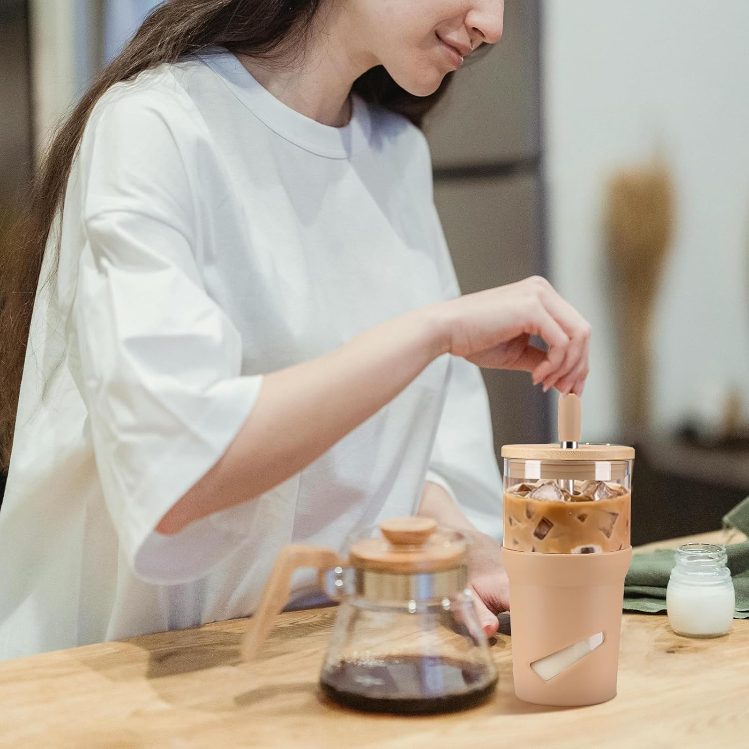 Glass Tumbler with Lids and Straws, 20 oz Iced Coffee Cup and Smoothie Cup with Bamboo Lid and On the go Lid,Glass Cups With Straws - Image 7