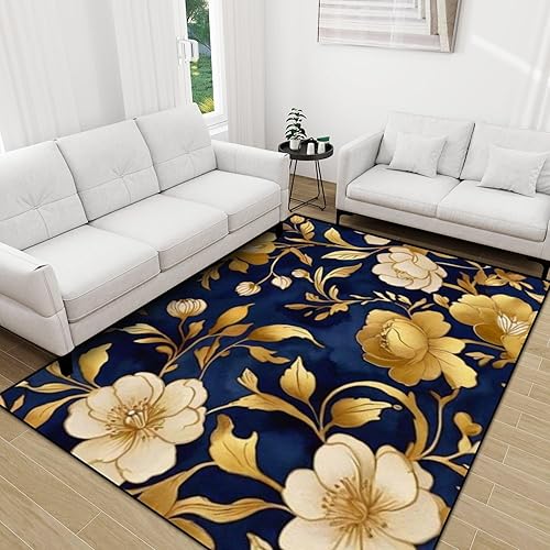 Miniatura 2 de Alfombra antideslizante azul oscuro retro dorado floral acuarela, alfombra de juego para yoga, interior, alfombra de patio, puerta para el hogar,