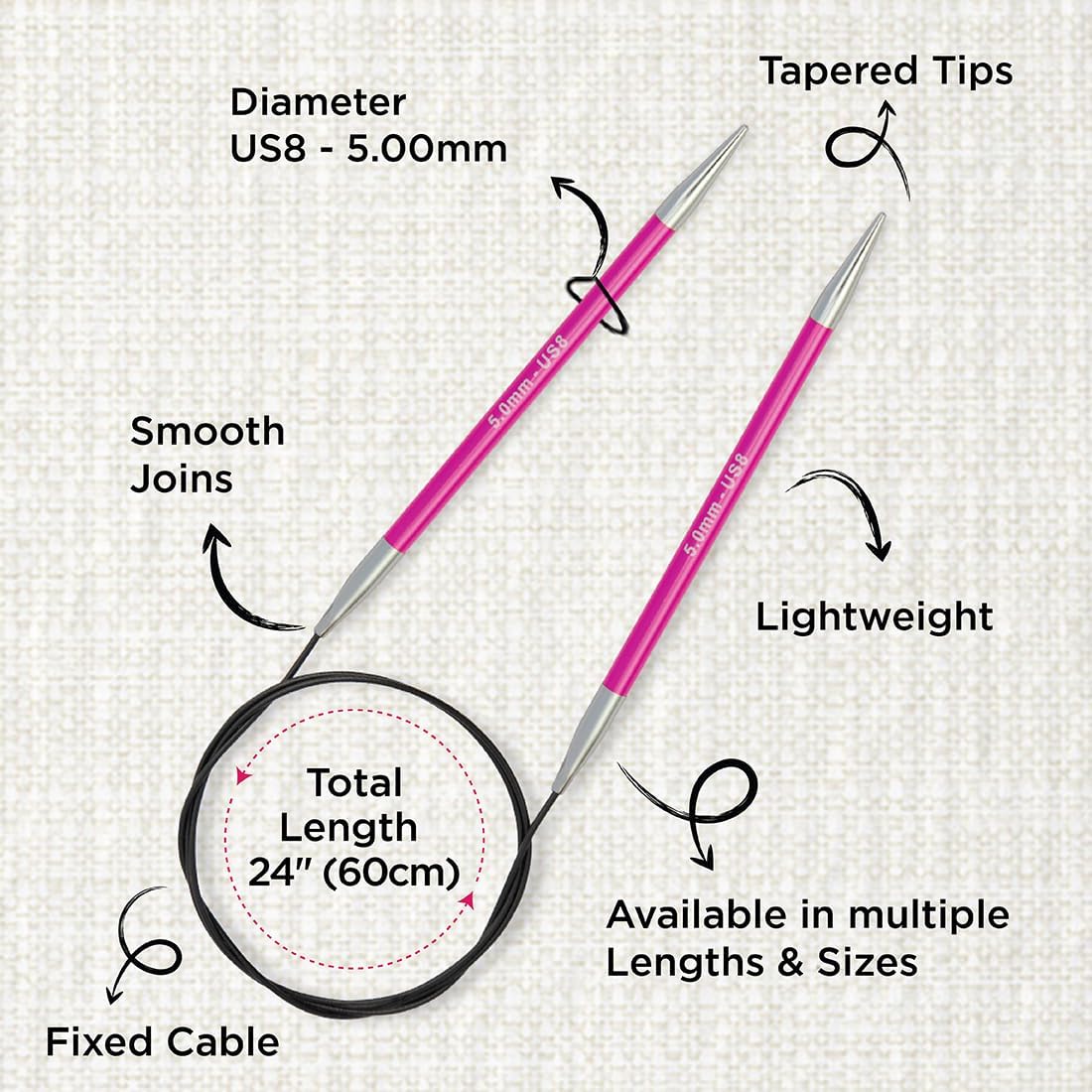 KnitPro Zing Fixed Circular Needles 60" (150cm) | US Size 8 (5mm)