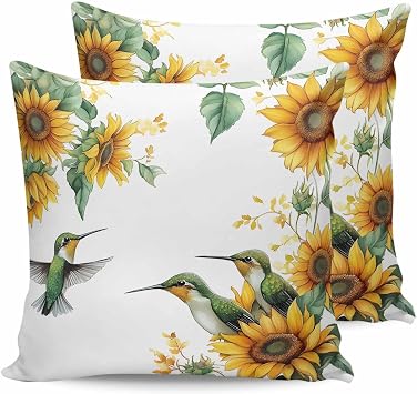 Yukro Summer Outdoor Waterproof Pillow Covers Pack of 2, Watercolor Sunflower Hummingbird Farmhouse Decorative Throw Pillowcases Polyester Cushion Covers for Garden Patio Tent Sofa Couch, 18x18 inch