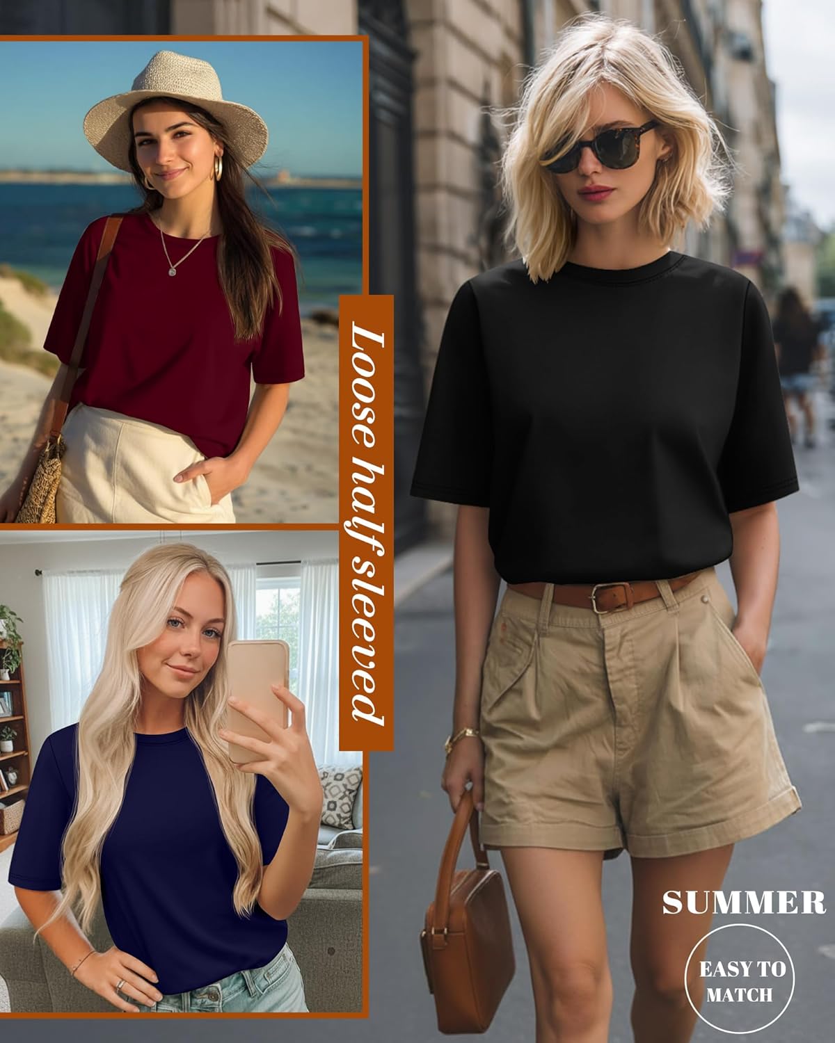 Huukeay 3 Pack Women's Half Sleeve T-Shirts, Crew Neck Elbow Length Tops Loose Casual Basic Tees Summer Tunic Tops - Image 6