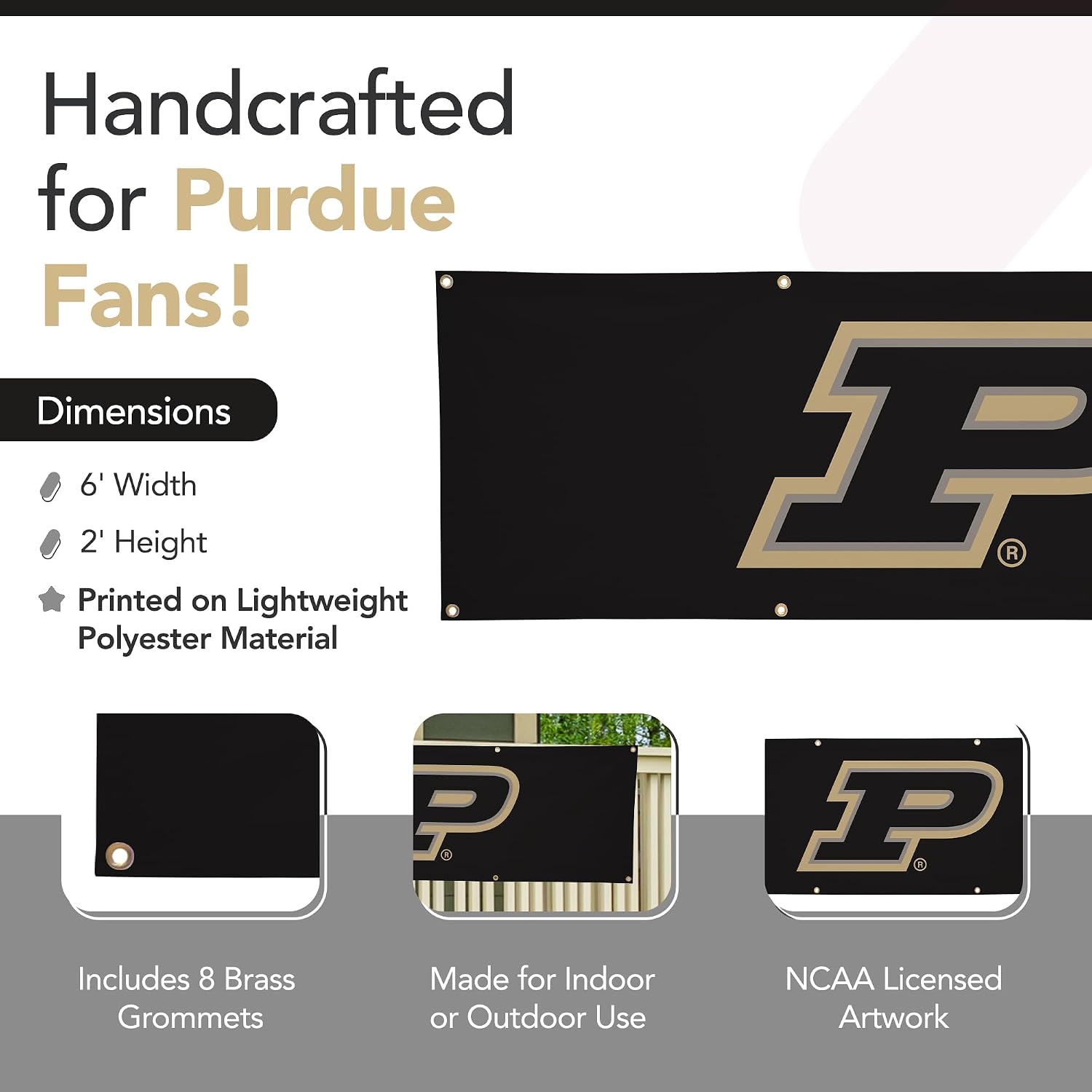 Purdue Boilermakers College Sports Printed Polyester Banner - NCAA Licensed - Hanging Graduation Decoration - School Banner (Black, Gold) (2' x 6')