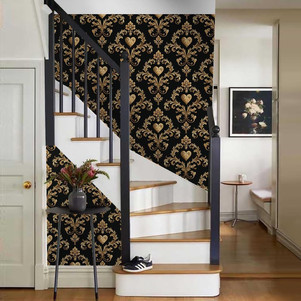 18"x236" Black and Gold Damask Flower Peel and Stick Self Adhesive Wallpaper Removable Contact Paper Stick on Easy Peel Off Wall Paper for Kitchen Bedroom Bathroom Renter